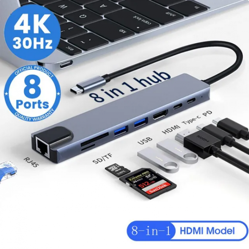 USB ハブ 8in1｜タイプ C｜HDMI｜PD｜SD マイクロSD｜100 Mbps RJ45｜データ 転送 充電